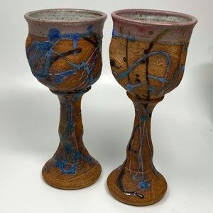 Set of Two Pottery Wine Water Goblets Glasses Brown with Blue Glaze Handmade?